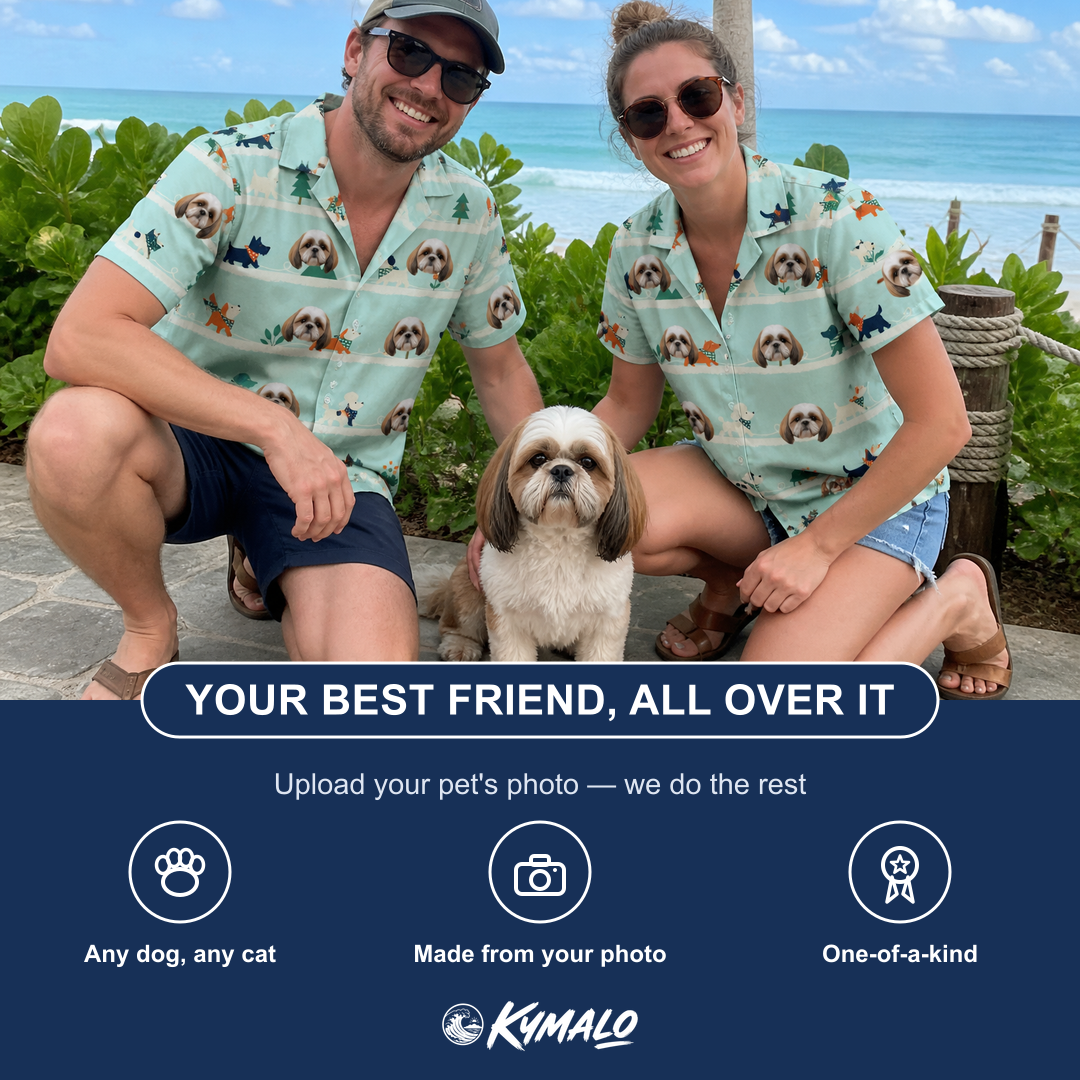 Friends in matching Women's Kerchief Kapers Custom Dog Face Hawaiian Shirt — a group gift photo