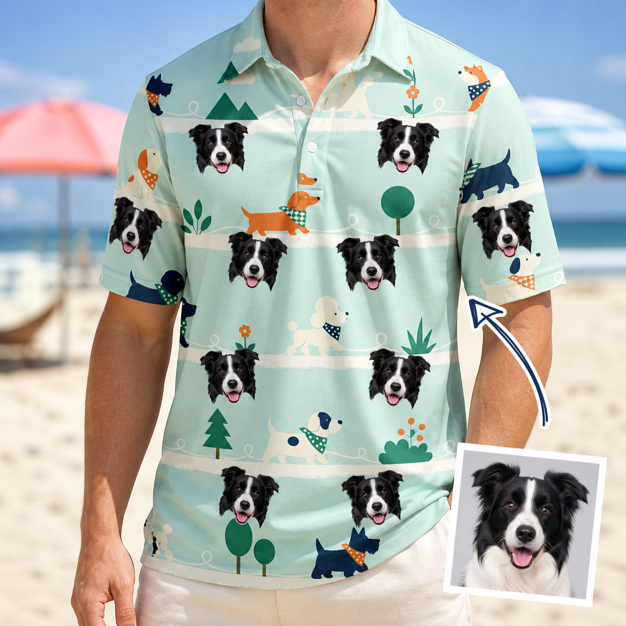 Man wearing Men's Kerchief Kapers Custom Dog Face Polo Shirt — custom faces printed all-over
