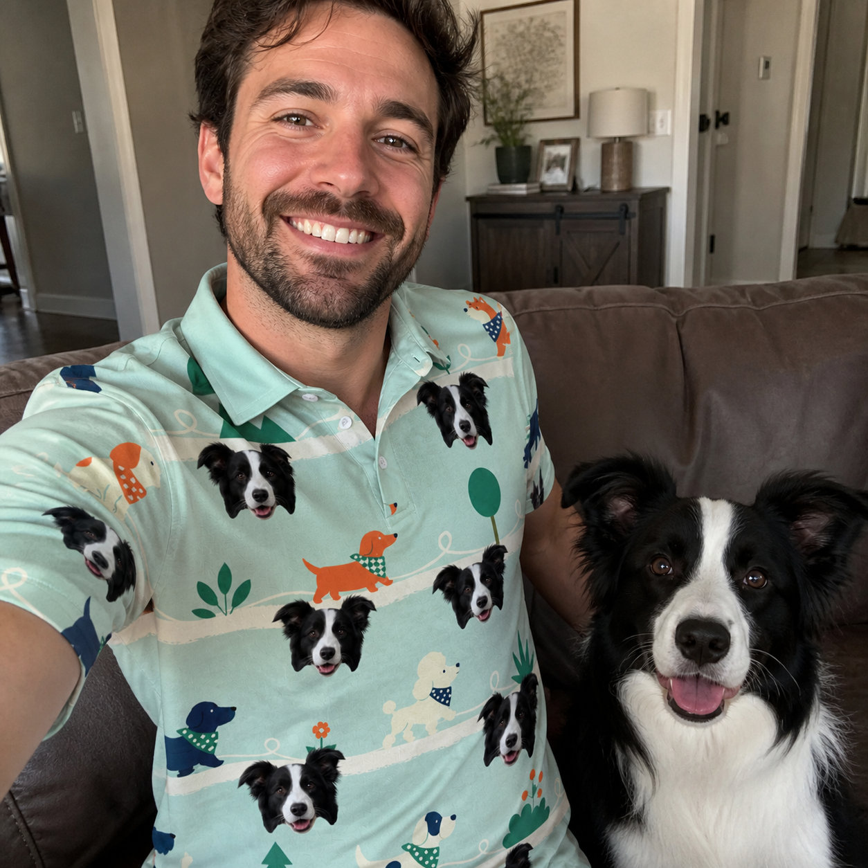 Selfie with the pet whose face is printed all over this Men's Kerchief Kapers Custom Dog Face Polo Shirt