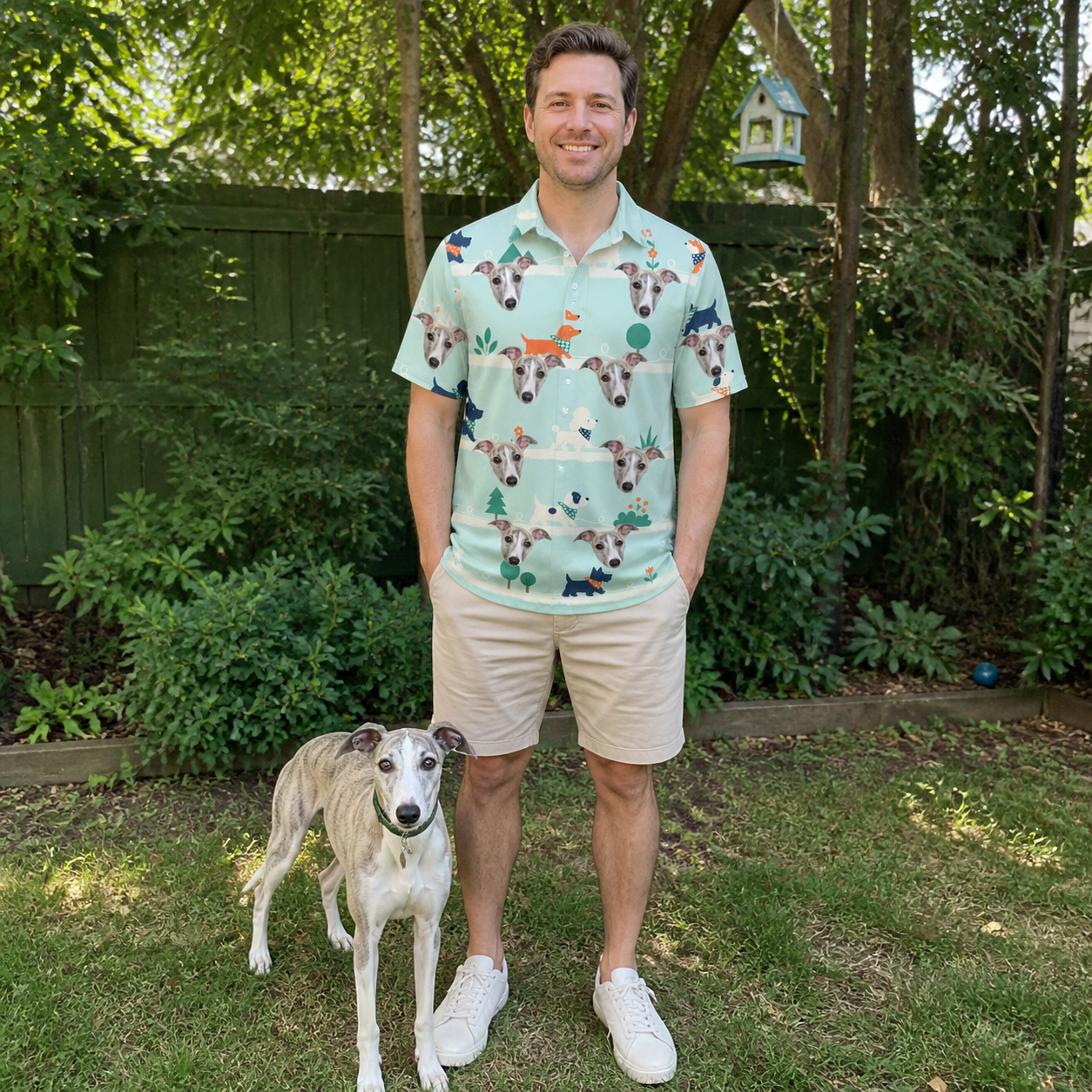 Full-length photo with the pet printed all over this Men's Kerchief Kapers Custom Dog Face Polo Shirt
