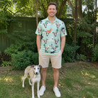 Full-length photo with the pet printed all over this Men's Kerchief Kapers Custom Dog Face Polo Shirt