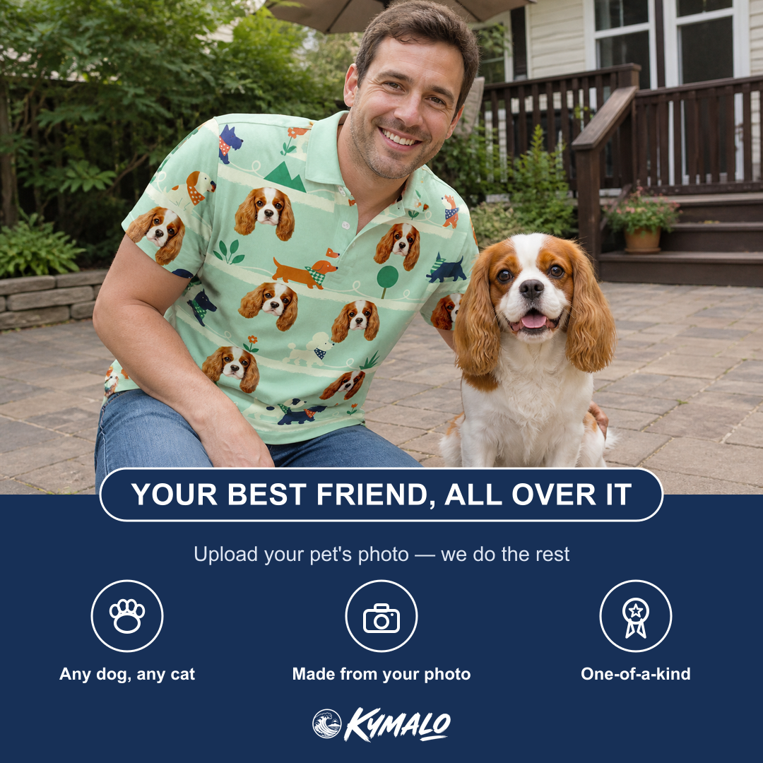 Friends in matching Men's Kerchief Kapers Custom Dog Face Polo Shirt — a group gift photo