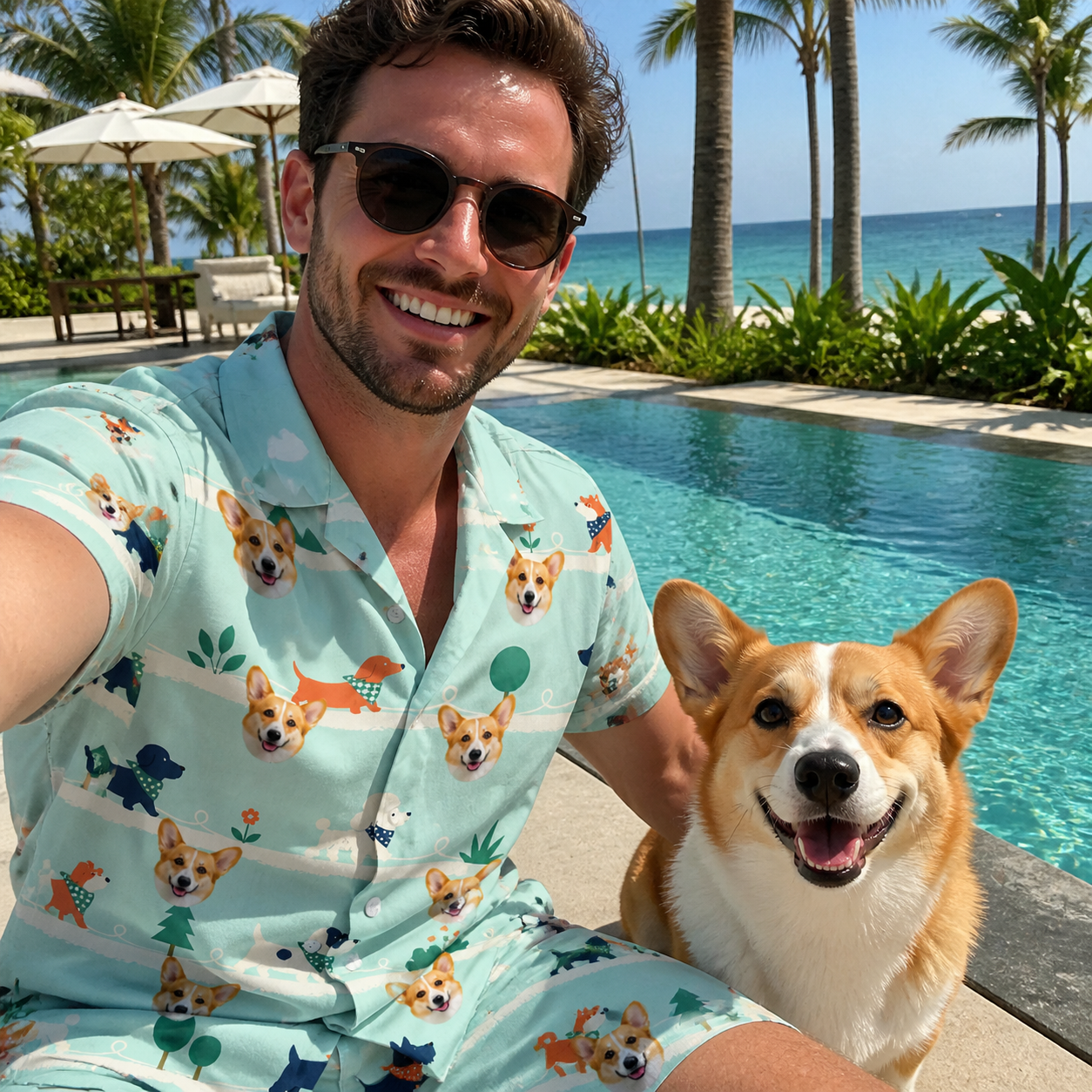 Selfie with the pet whose face is printed all over this Men's Kerchief Kapers Custom Dog Face Shirt & Shorts Set