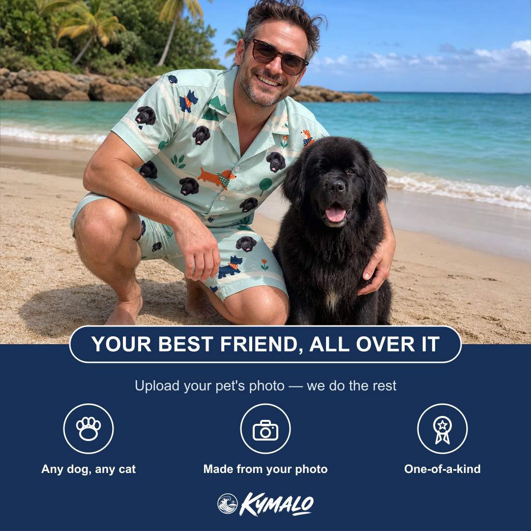 Friends in matching Men's Kerchief Kapers Custom Dog Face Shirt & Shorts Set — a group gift photo