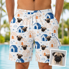 Man wearing Men's Yap Yurts Custom Dog Face Beach Shorts — custom faces printed all-over