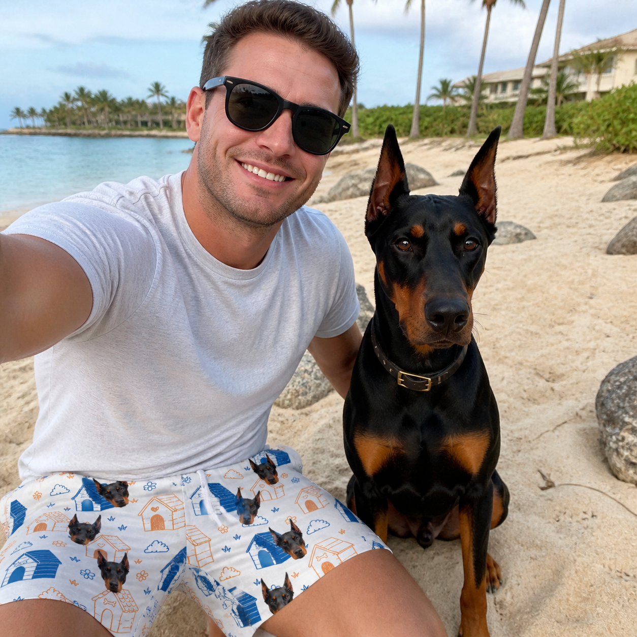 Selfie with the pet whose face is printed all over this Men's Yap Yurts Custom Dog Face Beach Shorts