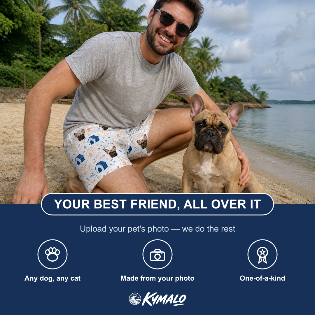 Friends in matching Men's Yap Yurts Custom Dog Face Beach Shorts — a group gift photo