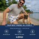 Friends in matching Men's Yap Yurts Custom Dog Face Beach Shorts — a group gift photo