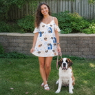 Full-length photo with the pet printed all over this Women's Yap Yurts Custom Dog Face Off-Shoulder Dress