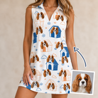 Woman wearing Women's Yap Yurts Custom Dog Face V-Neck Dress — custom faces printed all-over