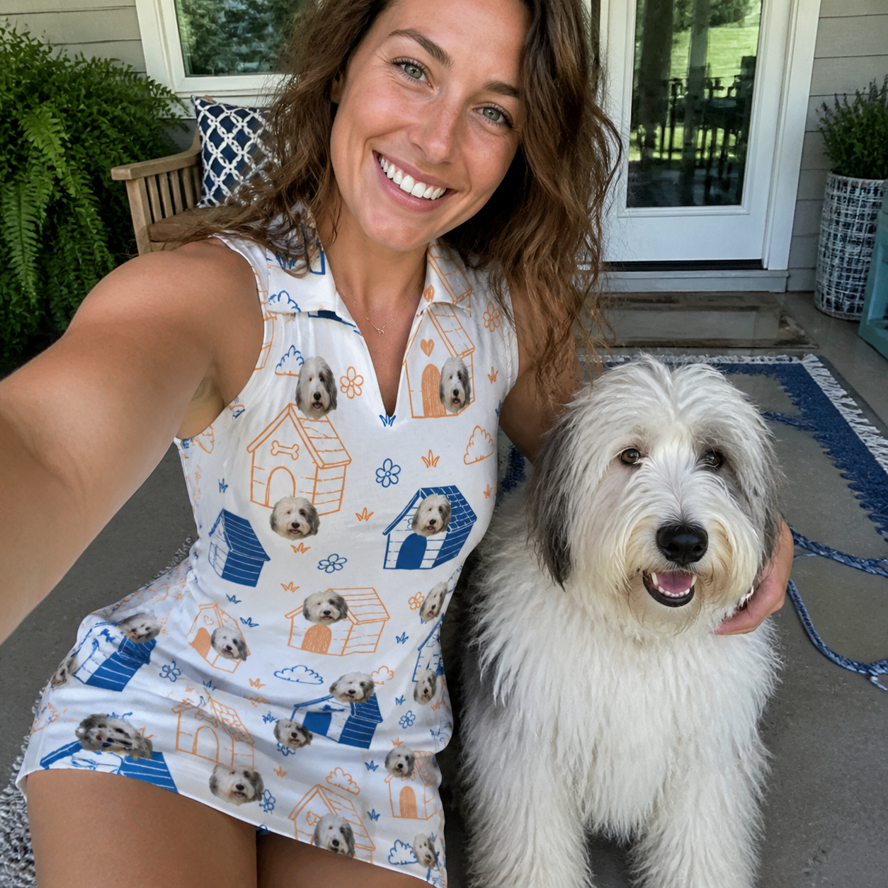 Selfie with the pet whose face is printed all over this Women's Yap Yurts Custom Dog Face V-Neck Dress