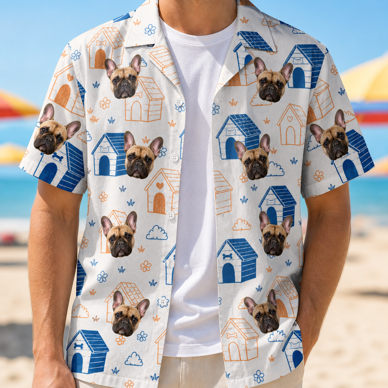 Man wearing Men's Yap Yurts Custom Dog Face Hawaiian Shirt open over a white tee