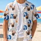 Man wearing Men's Yap Yurts Custom Dog Face Hawaiian Shirt open over a white tee