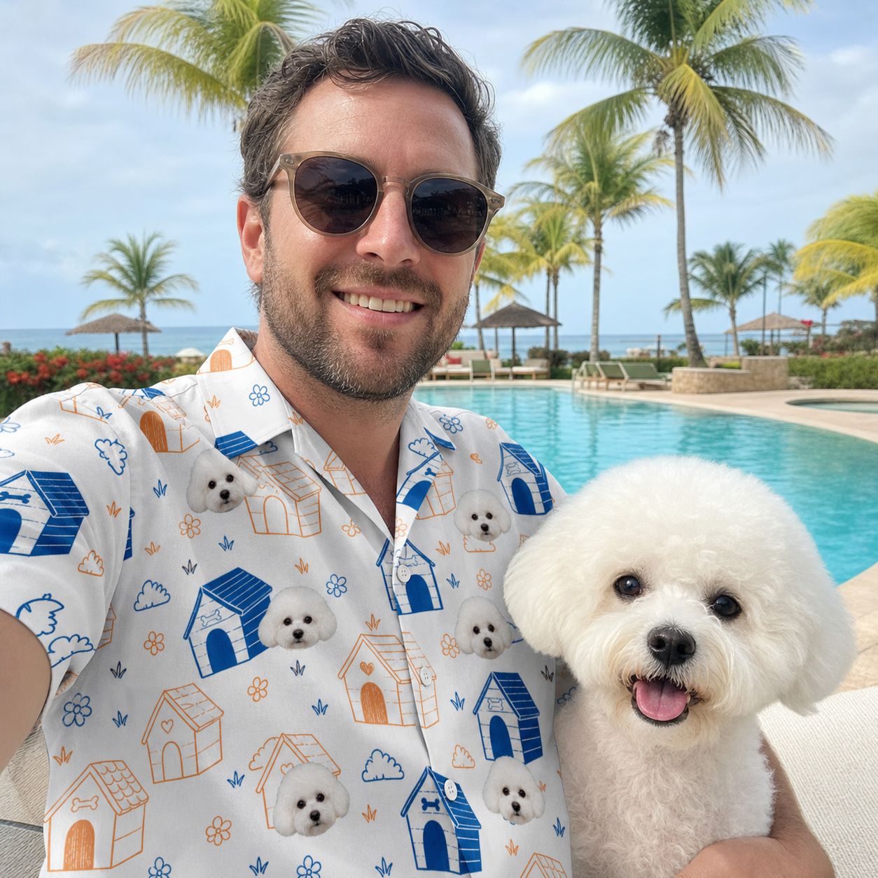 Selfie with the pet whose face is printed all over this Men's Yap Yurts Custom Dog Face Hawaiian Shirt