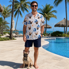Full-length photo with the pet printed all over this Men's Yap Yurts Custom Dog Face Hawaiian Shirt