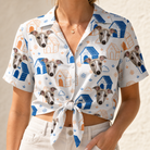 Woman wearing Women's Yap Yurts Custom Dog Face Hawaiian Shirt tied at the waist