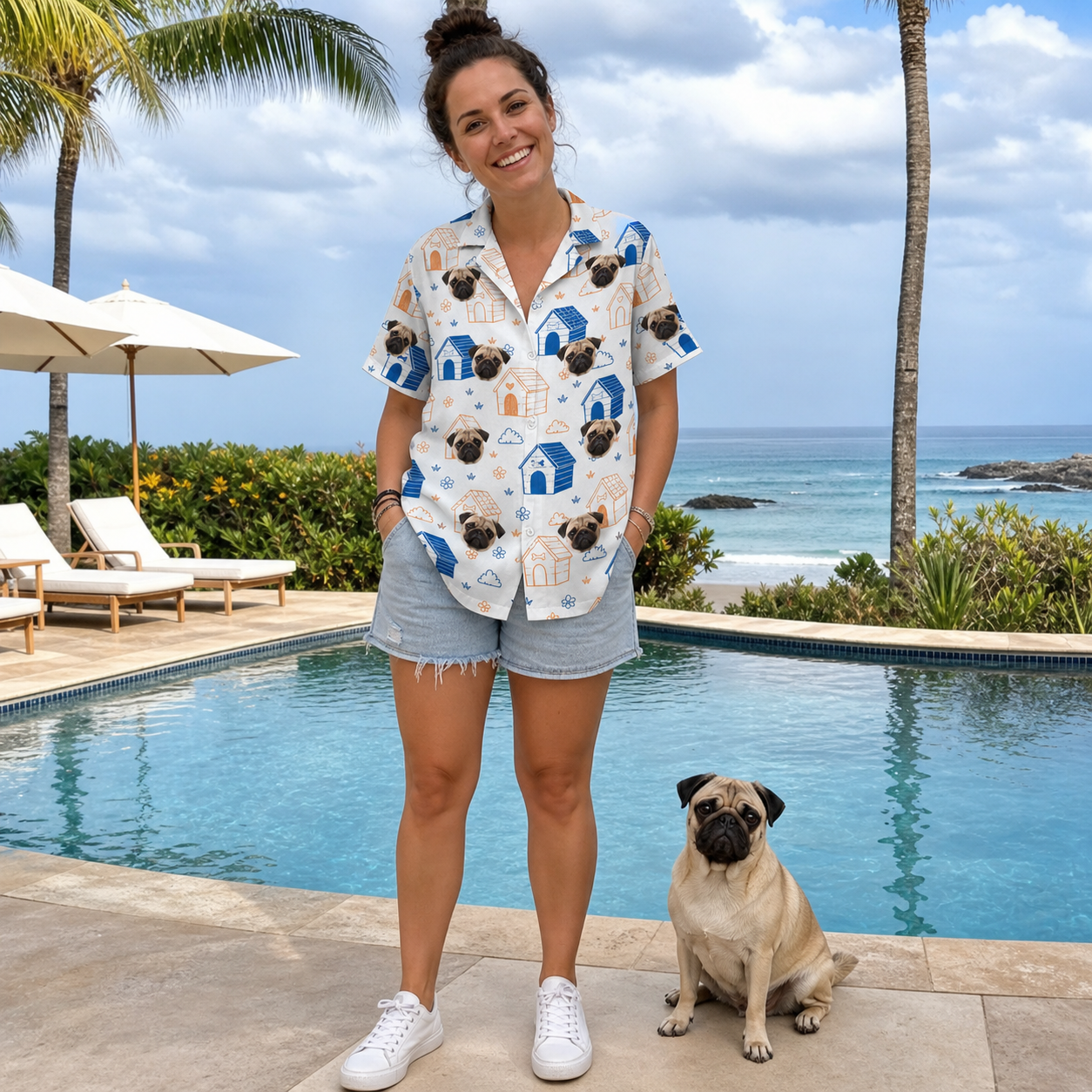 Full-length photo with the pet printed all over this Women's Yap Yurts Custom Dog Face Hawaiian Shirt