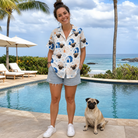 Full-length photo with the pet printed all over this Women's Yap Yurts Custom Dog Face Hawaiian Shirt