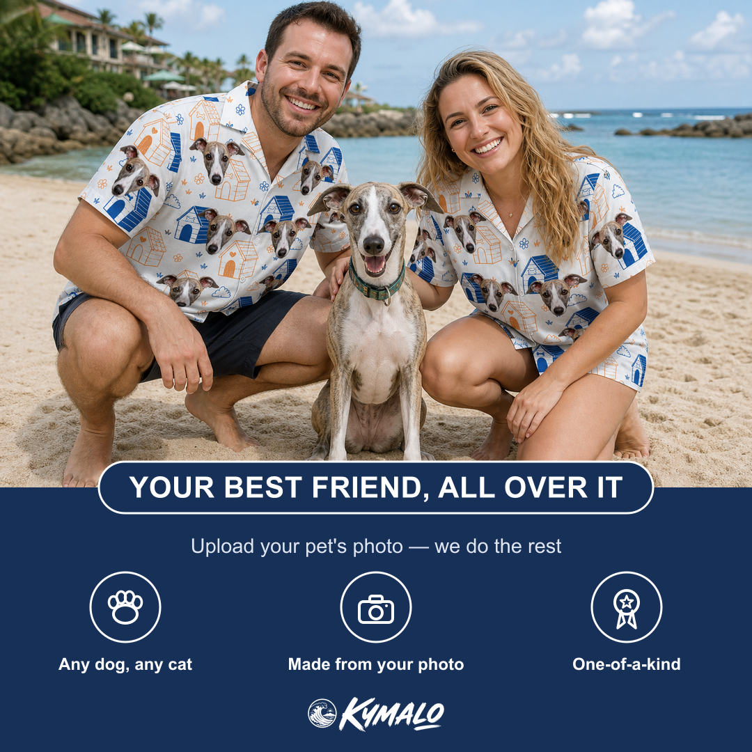Friends in matching Women's Yap Yurts Custom Dog Face Hawaiian Shirt — a group gift photo