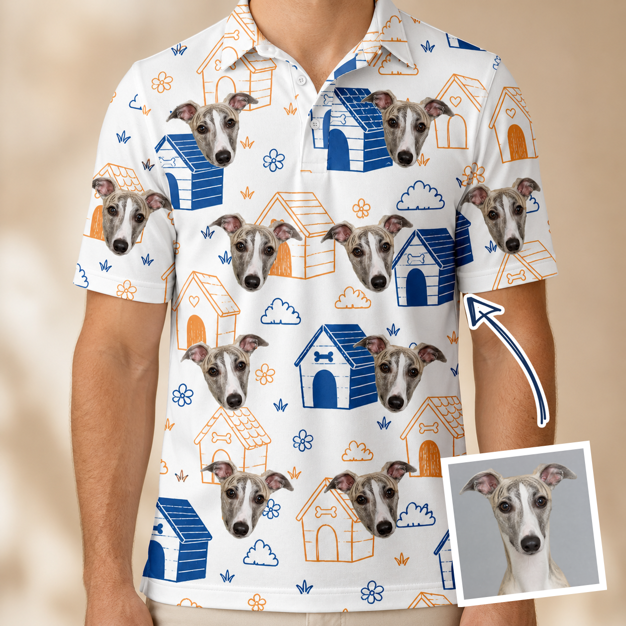 Man wearing Men's Yap Yurts Custom Dog Face Polo Shirt — custom faces printed all-over
