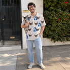 Full-length photo with the pet printed all over this Men's Yap Yurts Custom Dog Face Polo Shirt