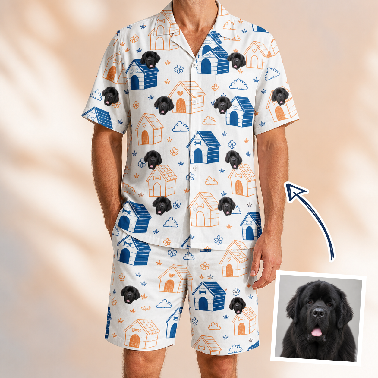 Man wearing Men's Yap Yurts Custom Dog Face Shirt & Shorts Set — custom faces printed all-over