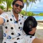 Selfie with the pet whose face is printed all over this Men's Yap Yurts Custom Dog Face Shirt & Shorts Set