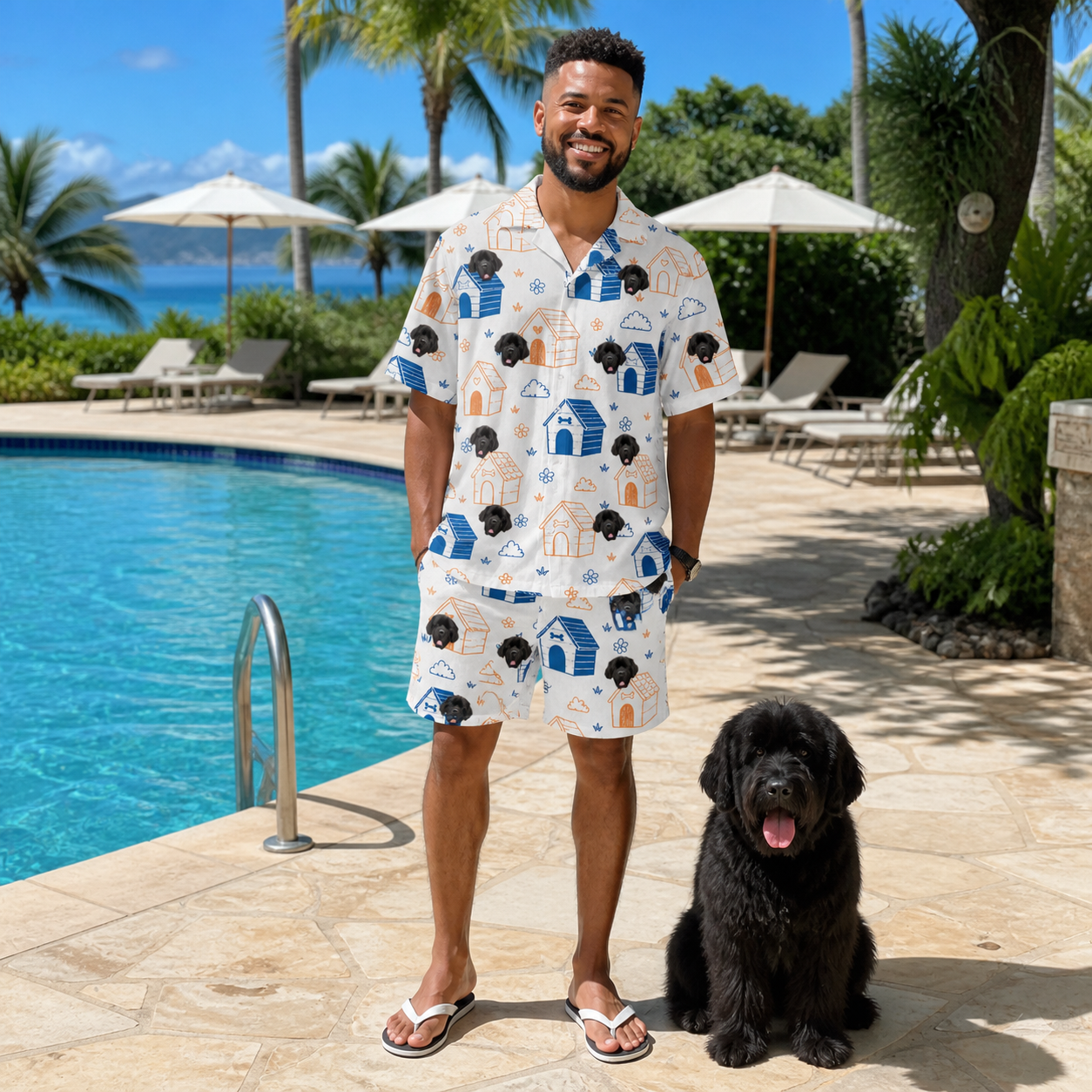 Full-length photo with the pet printed all over this Men's Yap Yurts Custom Dog Face Shirt & Shorts Set