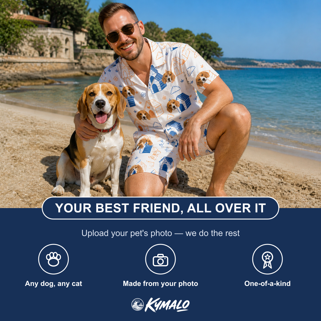 Friends in matching Men's Yap Yurts Custom Dog Face Shirt & Shorts Set — a group gift photo