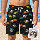 Man wearing Men's Frisbee Flingers Custom Dog Face Beach Shorts — custom faces printed all-over