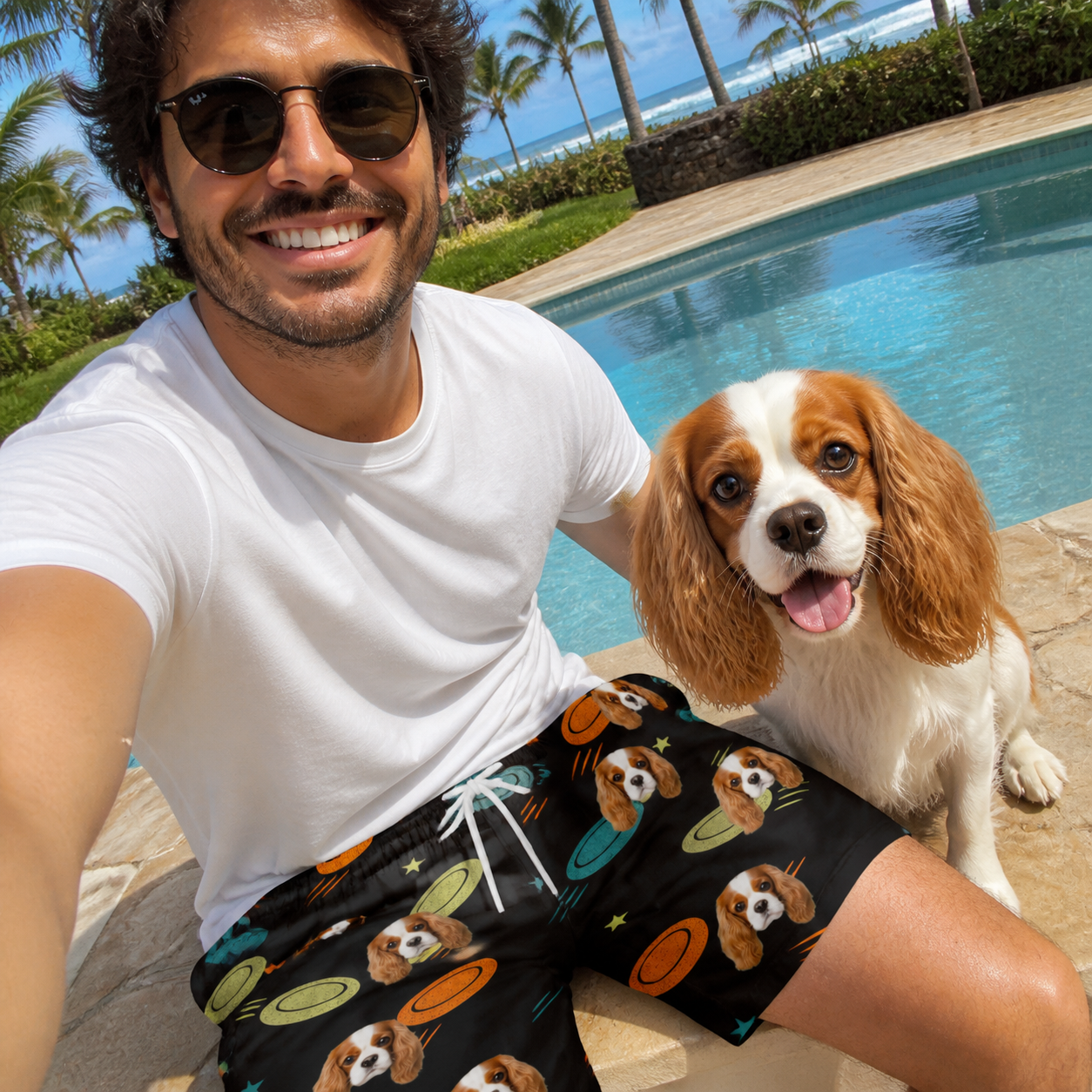 Selfie with the pet whose face is printed all over this Men's Frisbee Flingers Custom Dog Face Beach Shorts