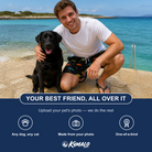 Friends in matching Men's Frisbee Flingers Custom Dog Face Beach Shorts — a group gift photo