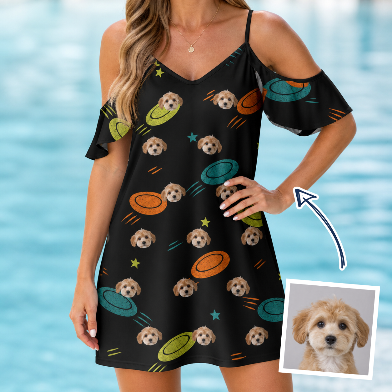 Woman wearing Women's Frisbee Flingers Custom Dog Face Off-Shoulder Dress — custom faces printed all-over