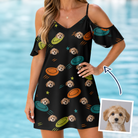 Woman wearing Women's Frisbee Flingers Custom Dog Face Off-Shoulder Dress — custom faces printed all-over