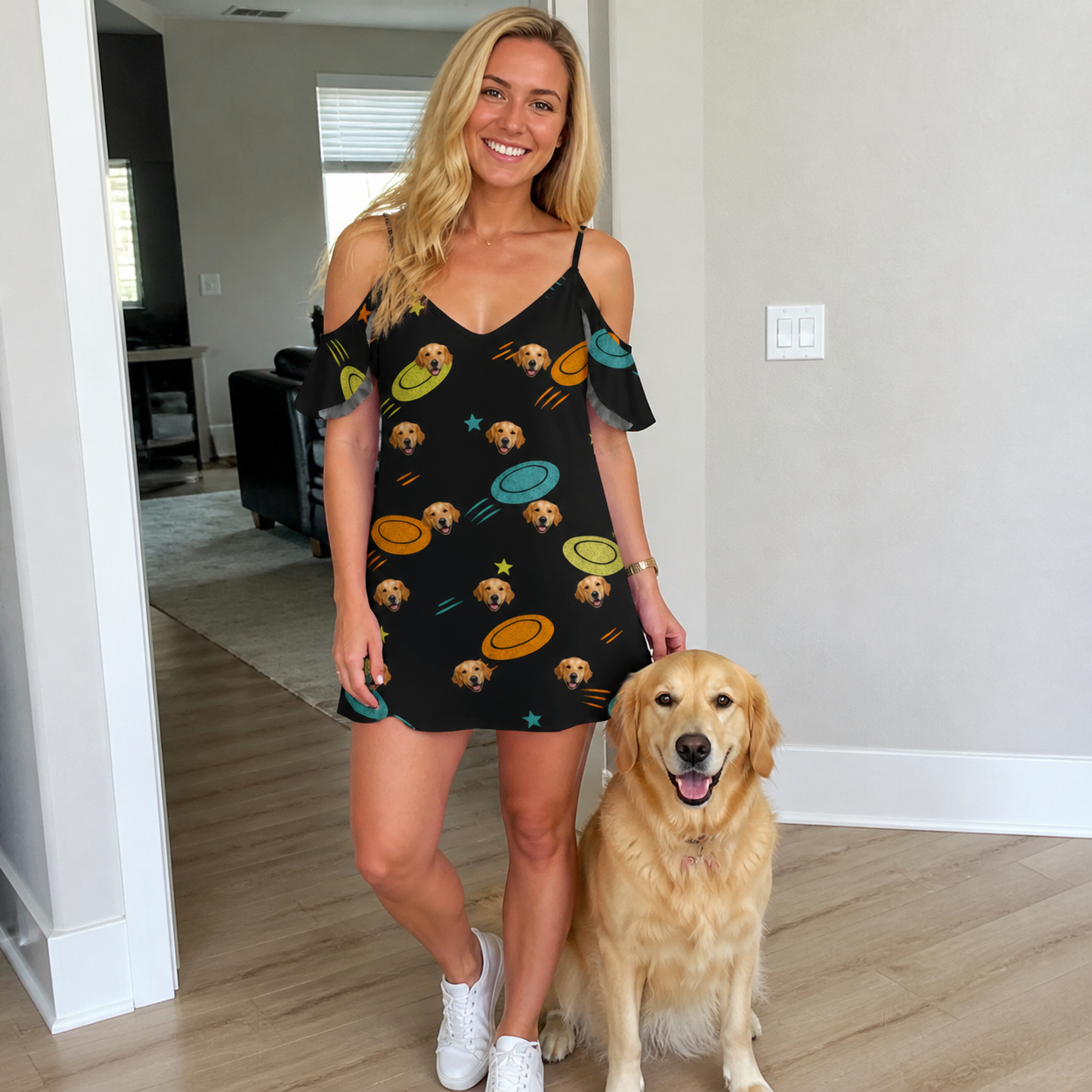 Full-length photo with the pet printed all over this Women's Frisbee Flingers Custom Dog Face Off-Shoulder Dress