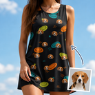 Woman wearing Women's Frisbee Flingers Custom Dog Face Tank Dress — custom faces printed all-over