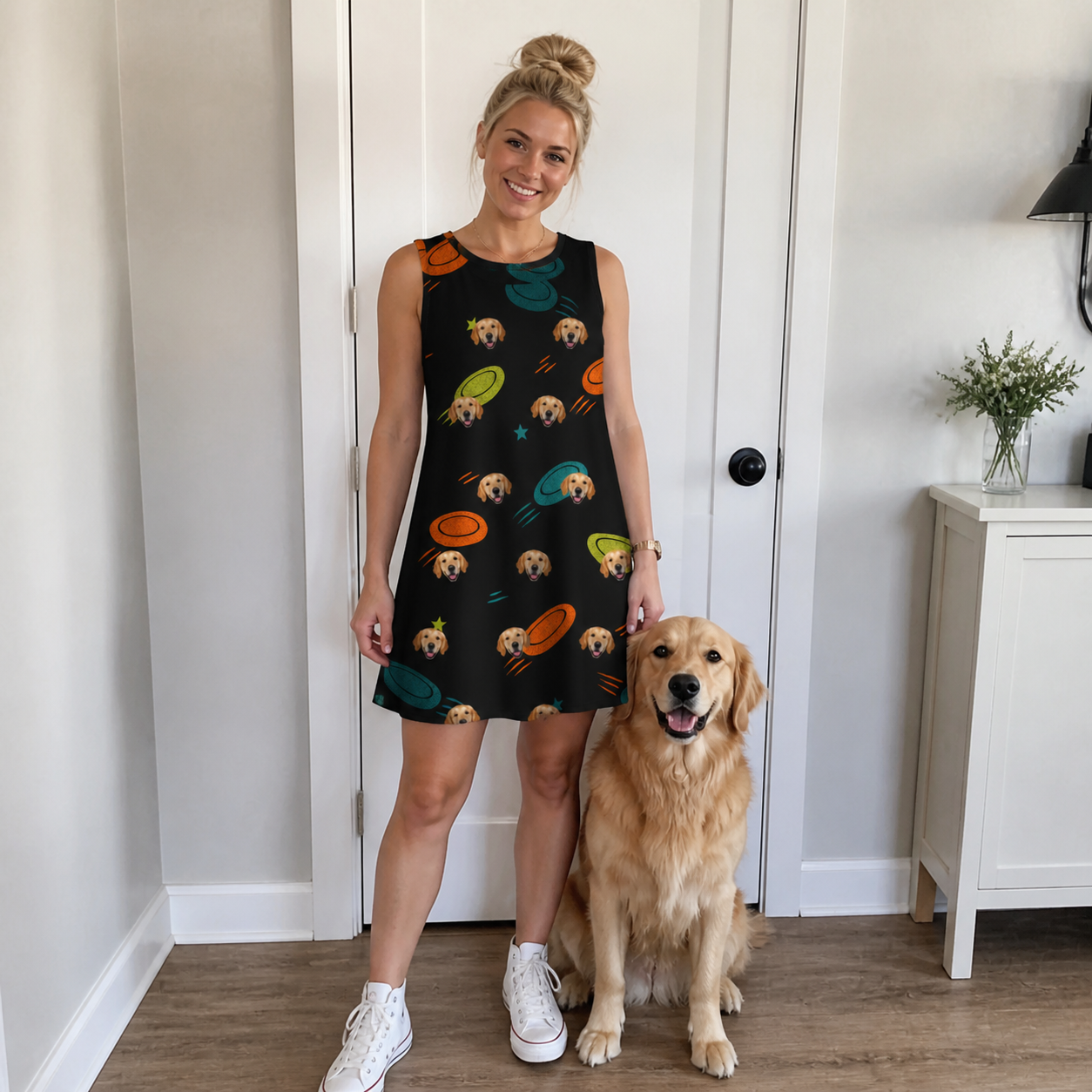 Full-length photo with the pet printed all over this Women's Frisbee Flingers Custom Dog Face Tank Dress