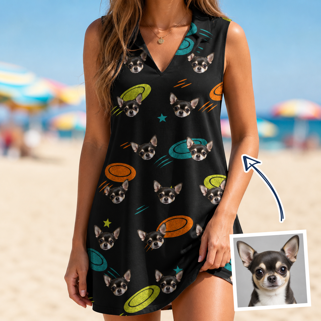 Woman wearing Women's Frisbee Flingers Custom Dog Face V-Neck Dress — custom faces printed all-over