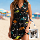 Woman wearing Women's Frisbee Flingers Custom Dog Face V-Neck Dress — custom faces printed all-over