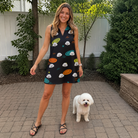 Full-length photo with the pet printed all over this Women's Frisbee Flingers Custom Dog Face V-Neck Dress