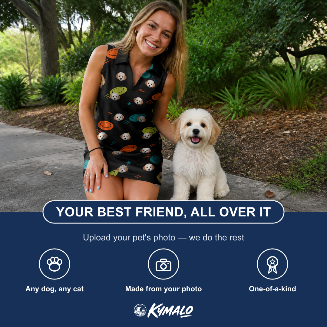 Friends in matching Women's Frisbee Flingers Custom Dog Face V-Neck Dress — a group gift photo
