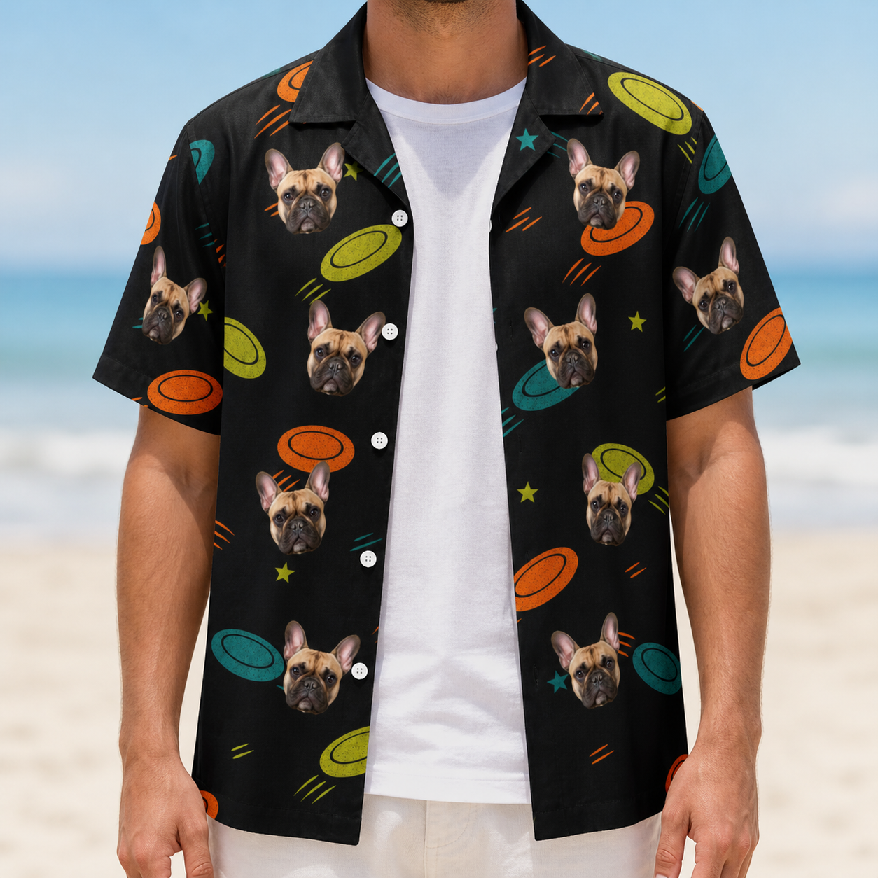 Man wearing Men's Frisbee Flingers Custom Dog Face Hawaiian Shirt open over a white tee