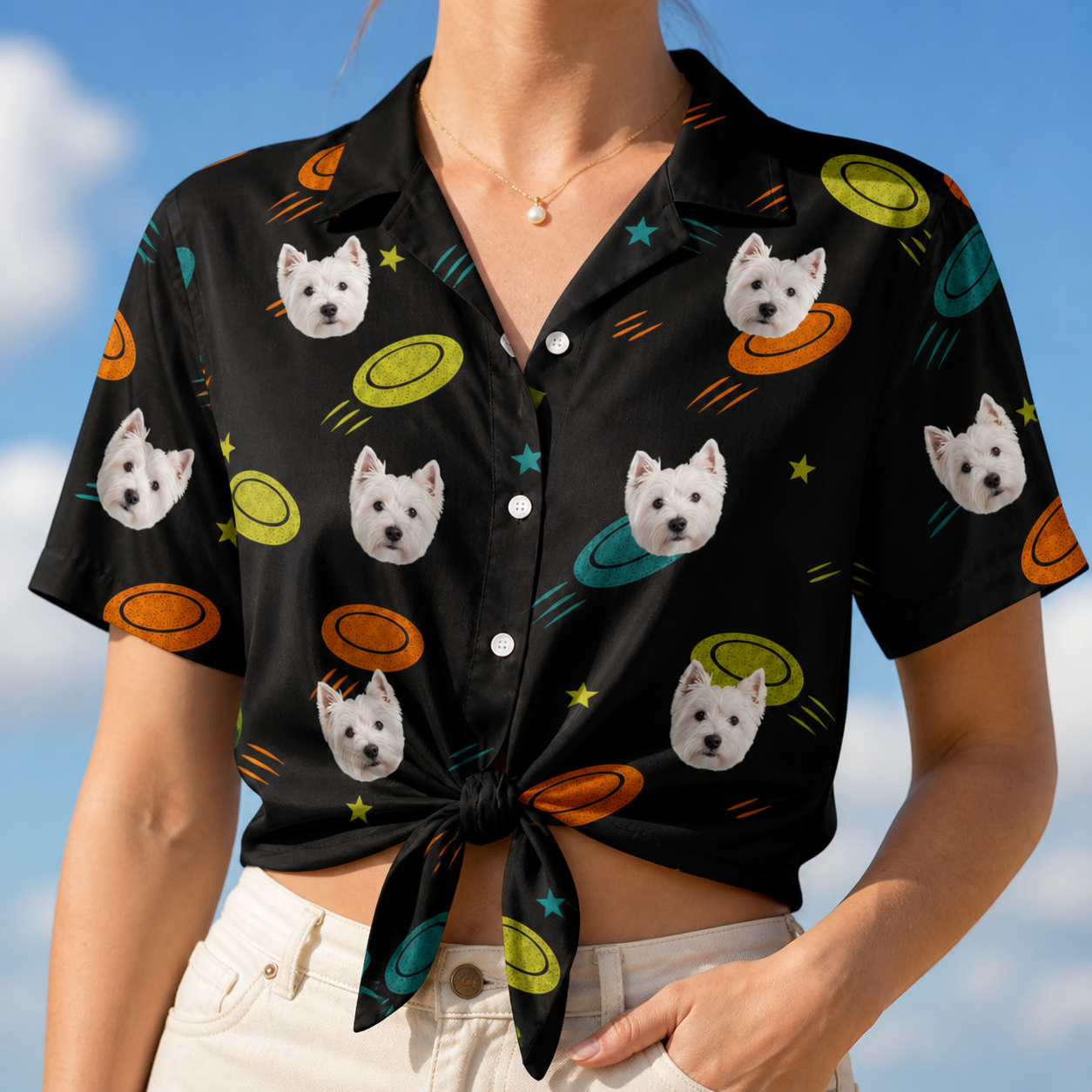 Woman wearing Women's Frisbee Flingers Custom Dog Face Hawaiian Shirt tied at the waist