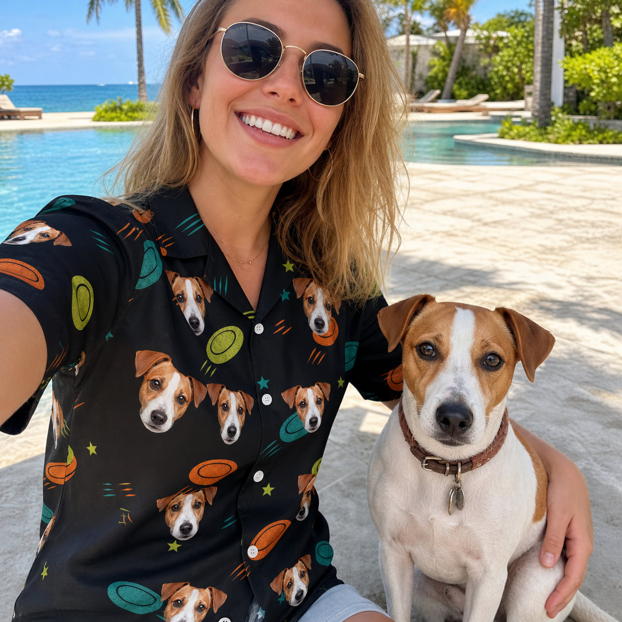Selfie with the pet whose face is printed all over this Women's Frisbee Flingers Custom Dog Face Hawaiian Shirt