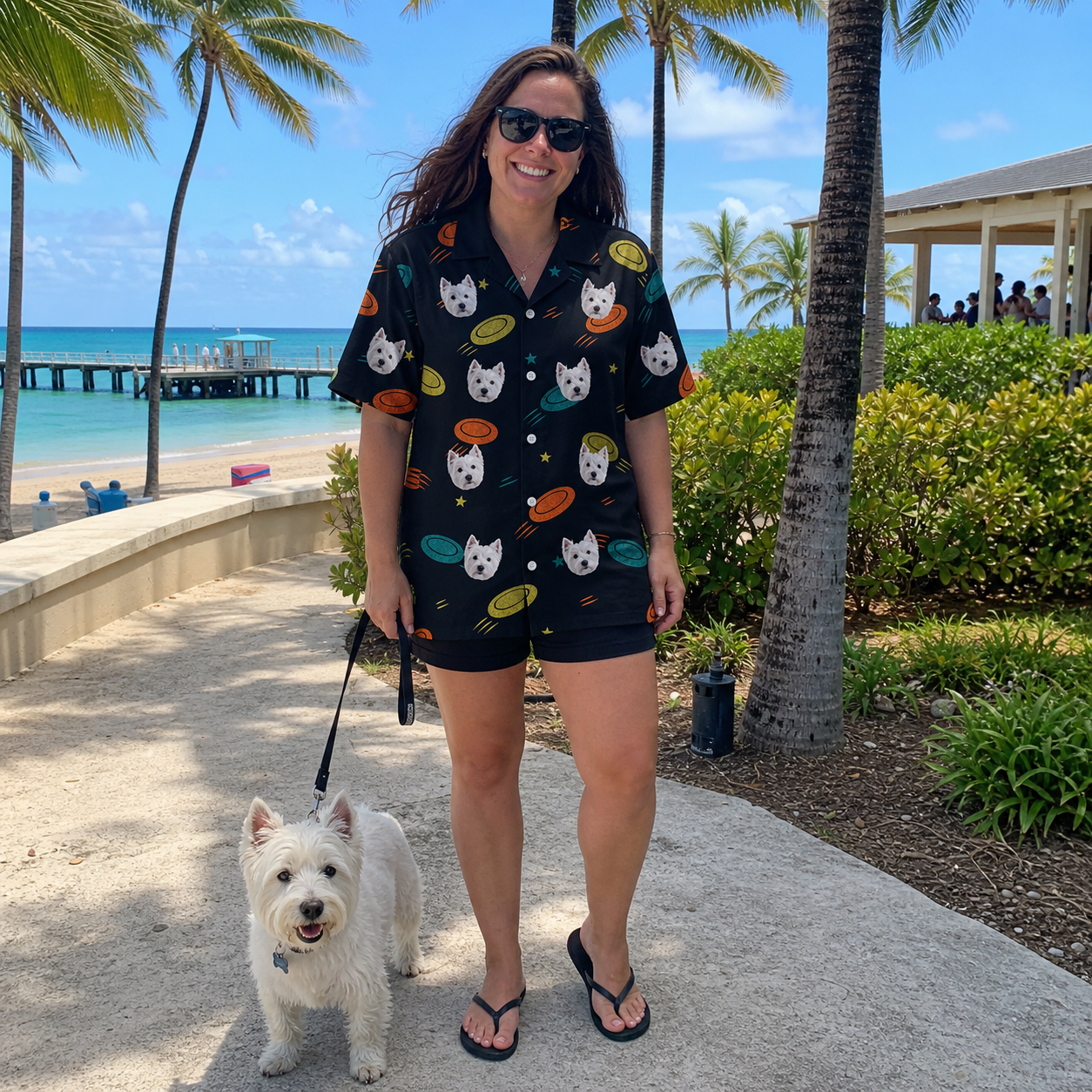 Full-length photo with the pet printed all over this Women's Frisbee Flingers Custom Dog Face Hawaiian Shirt