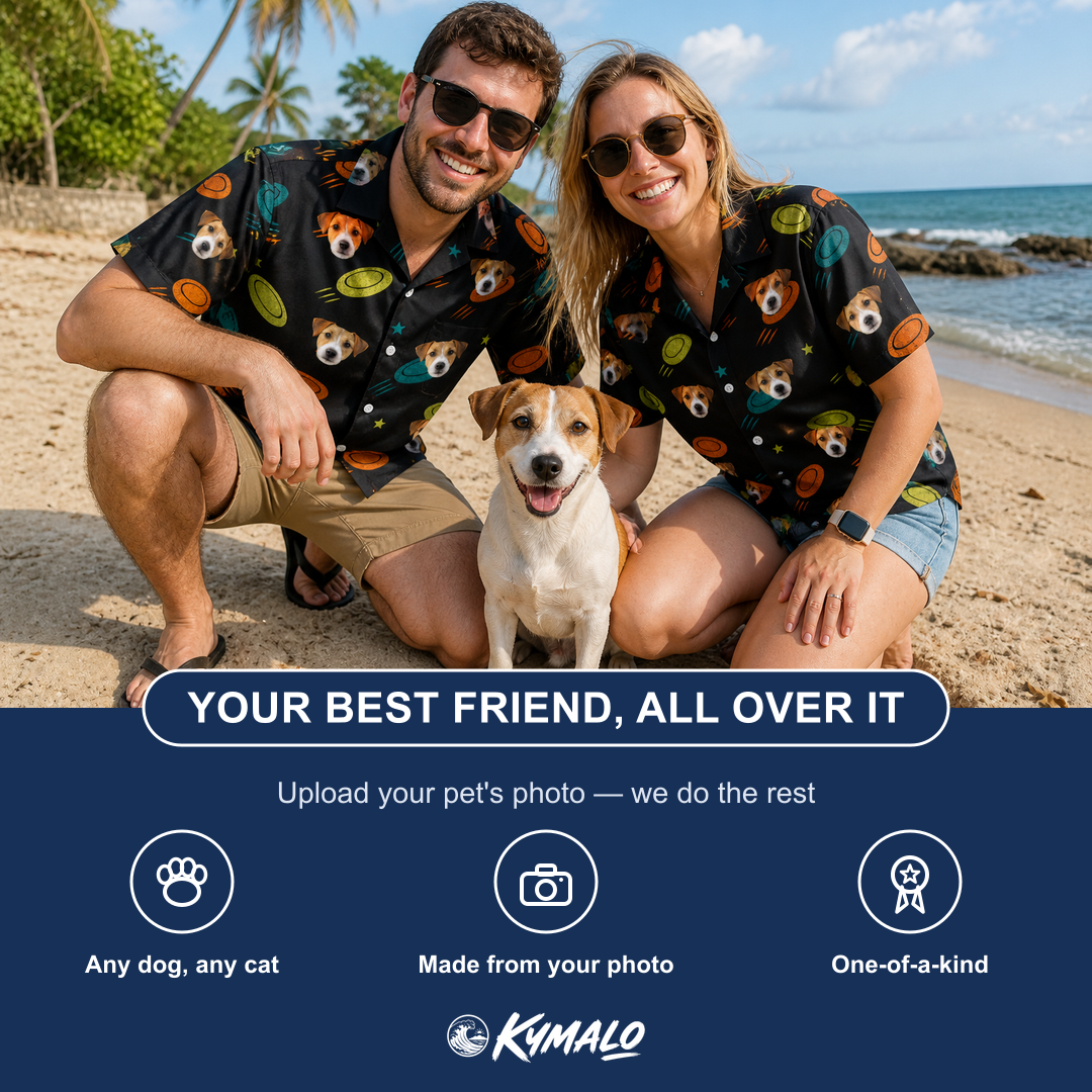 Friends in matching Women's Frisbee Flingers Custom Dog Face Hawaiian Shirt — a group gift photo
