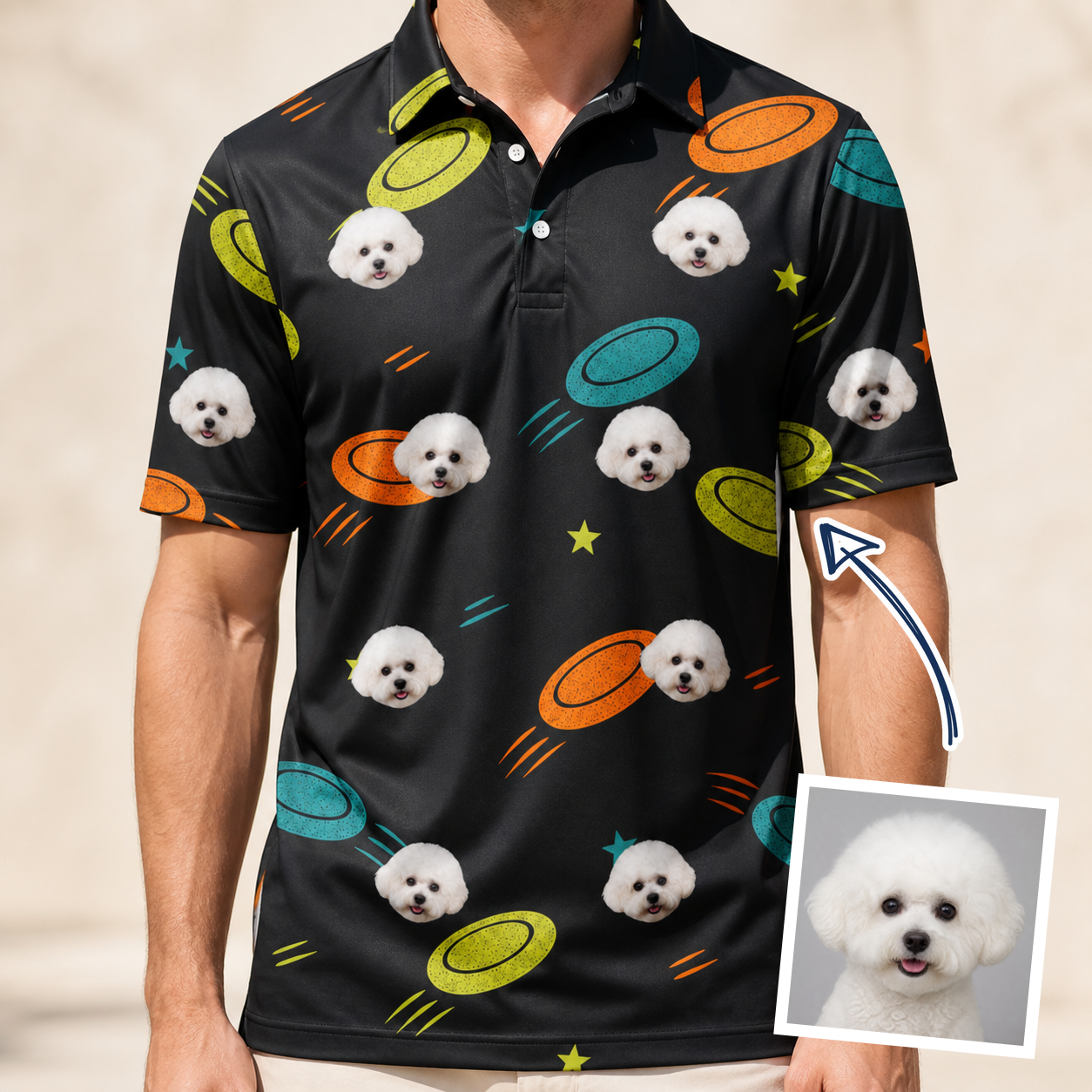 Man wearing Men's Frisbee Flingers Custom Dog Face Polo Shirt — custom faces printed all-over