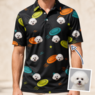 Man wearing Men's Frisbee Flingers Custom Dog Face Polo Shirt — custom faces printed all-over