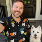 Selfie with the pet whose face is printed all over this Men's Frisbee Flingers Custom Dog Face Polo Shirt
