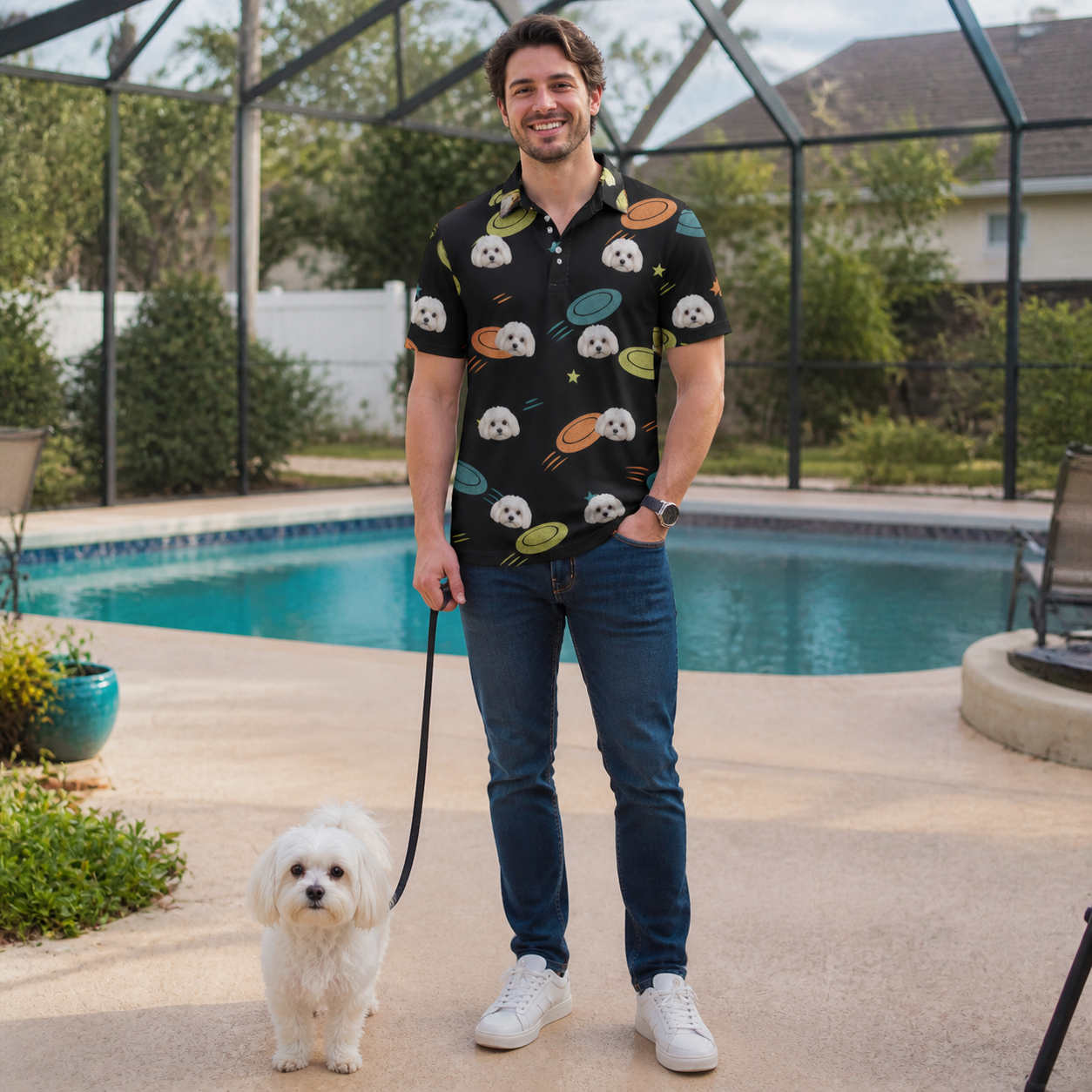 Full-length photo with the pet printed all over this Men's Frisbee Flingers Custom Dog Face Polo Shirt